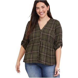 NWT* torrid woman’s plaid lightweight Babydoll Rayon Twill Button-Front Top